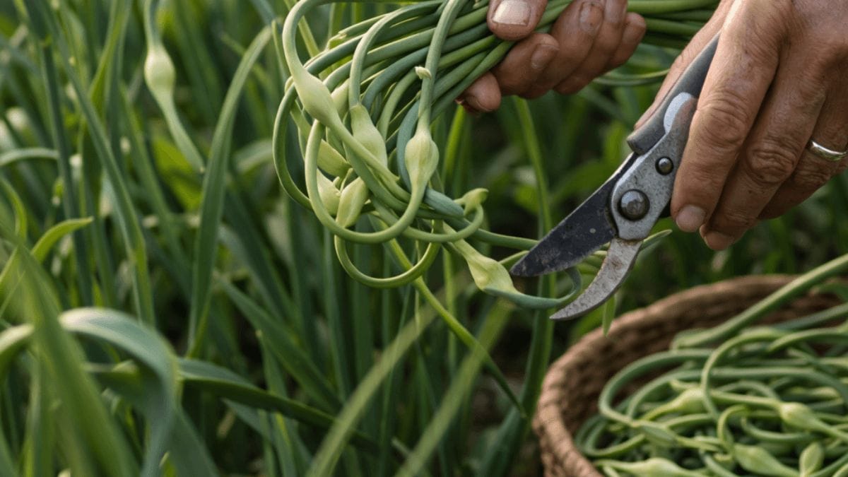 garlic scapes from growing glorious garlic plants