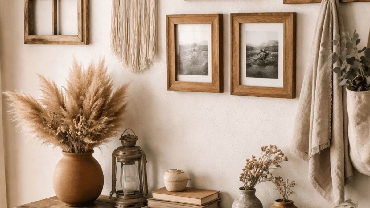 rustic wall decor with wooden frames and neutral tones