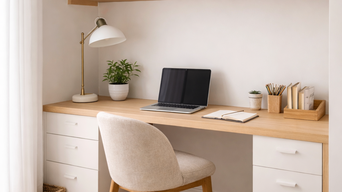 study nook setup with desk drawers and natural light