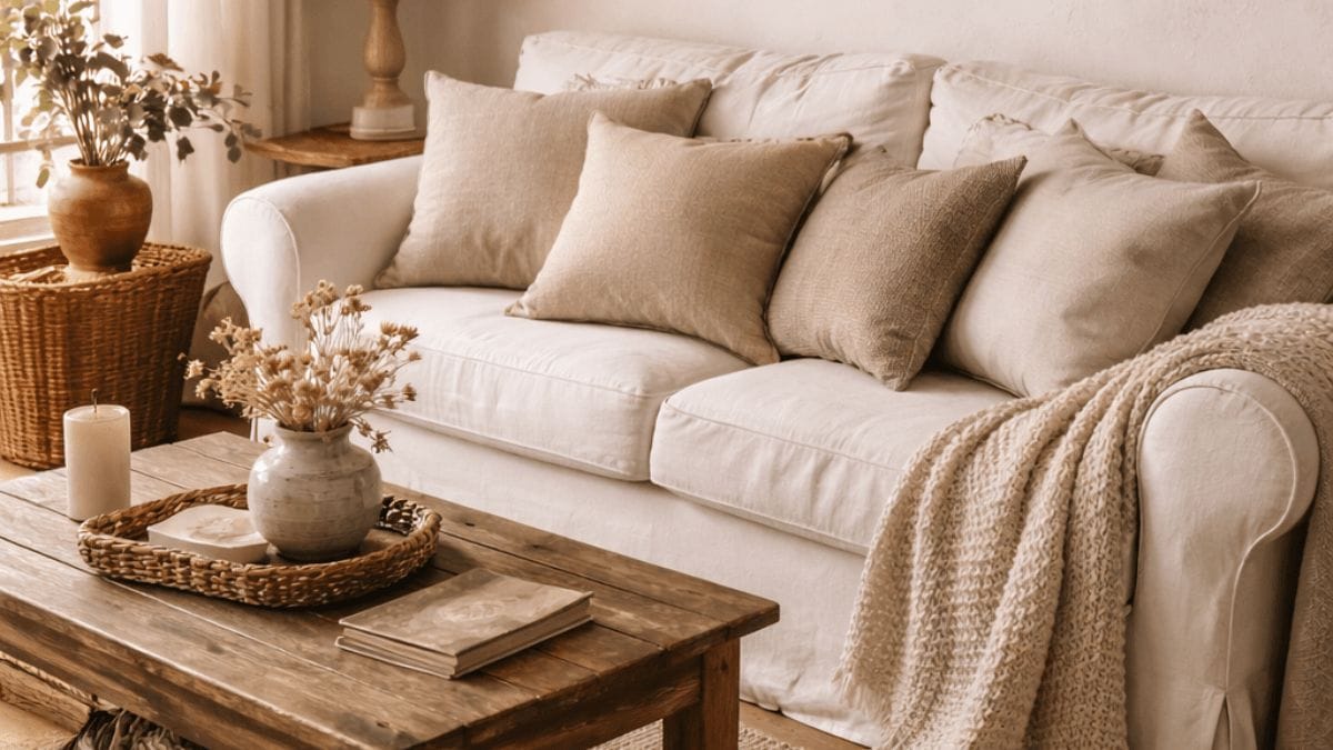rustic living room with linen cushions and cotton throws