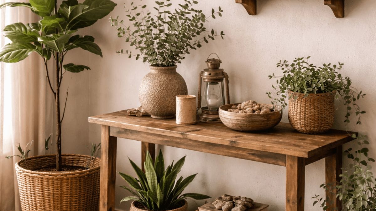 rustic decor with indoor plants and natural materials