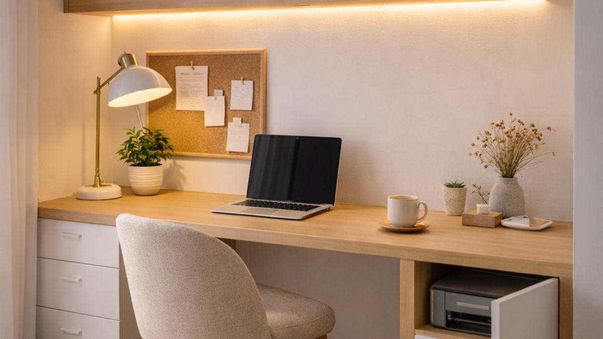 Study nook with LED lighting and decor