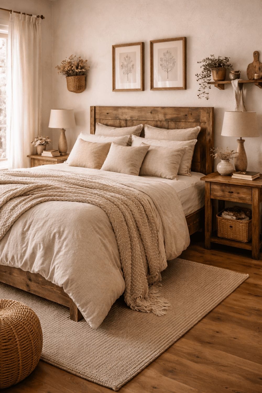 rustic bedroom with neutral bedding and wooden accents