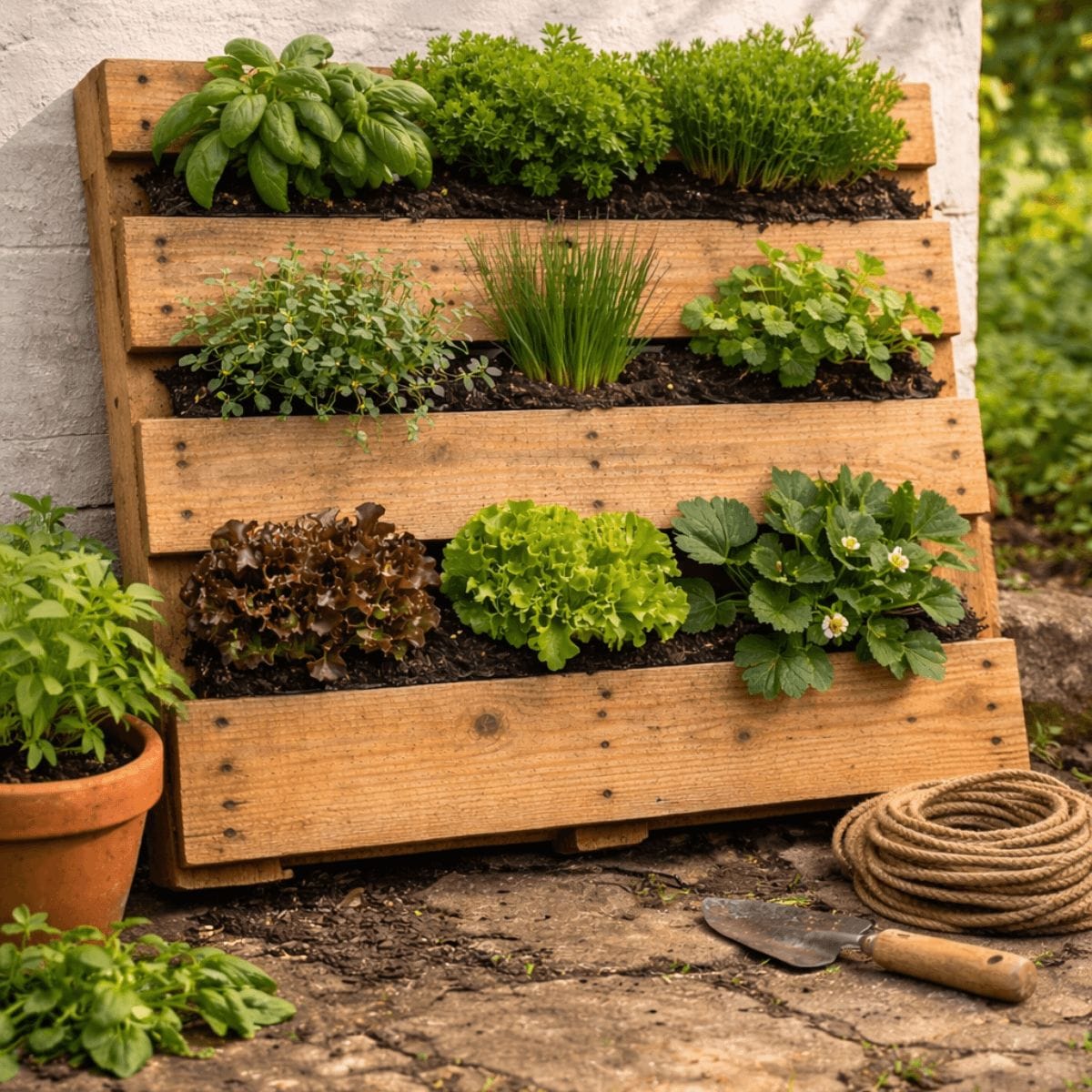 Wooden pallet vertical garden with fresh herbs and leafy vegetables arranged in stacked planters against a wall.