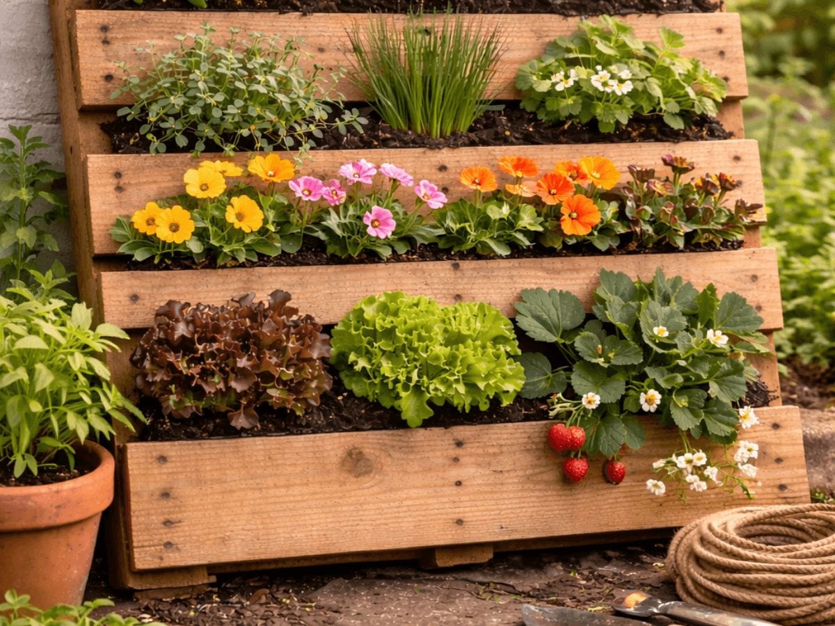 Completed pallet garden with herbs and flowers