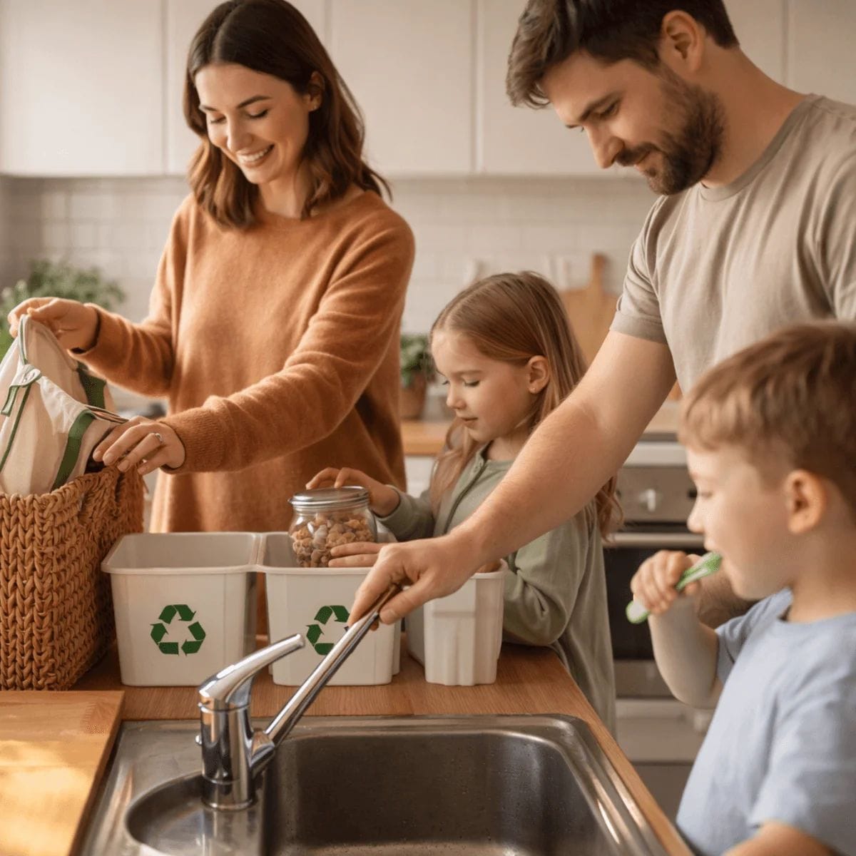 family practicing sustainable habits at home