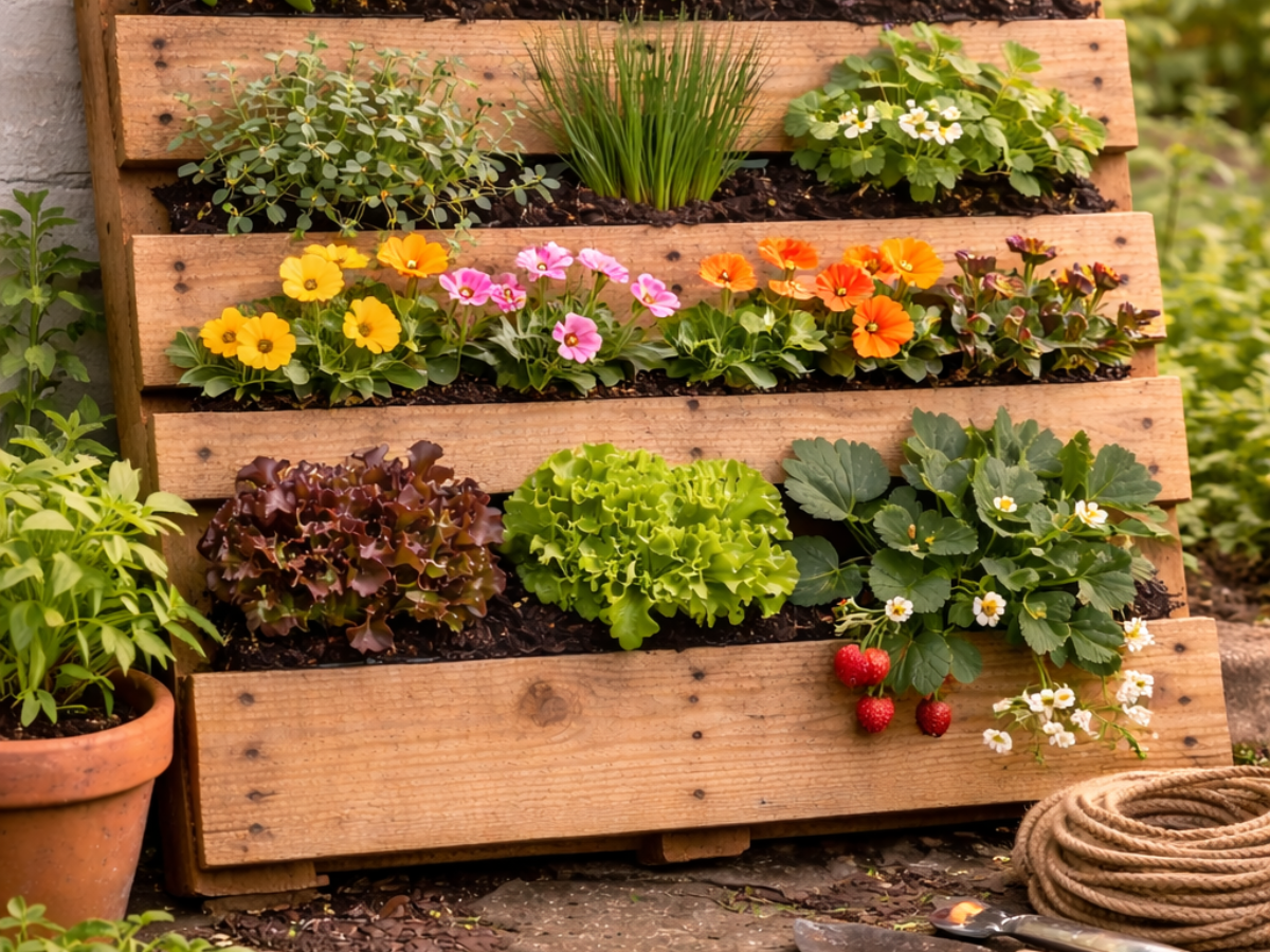 Completed pallet garden with herbs and flowers