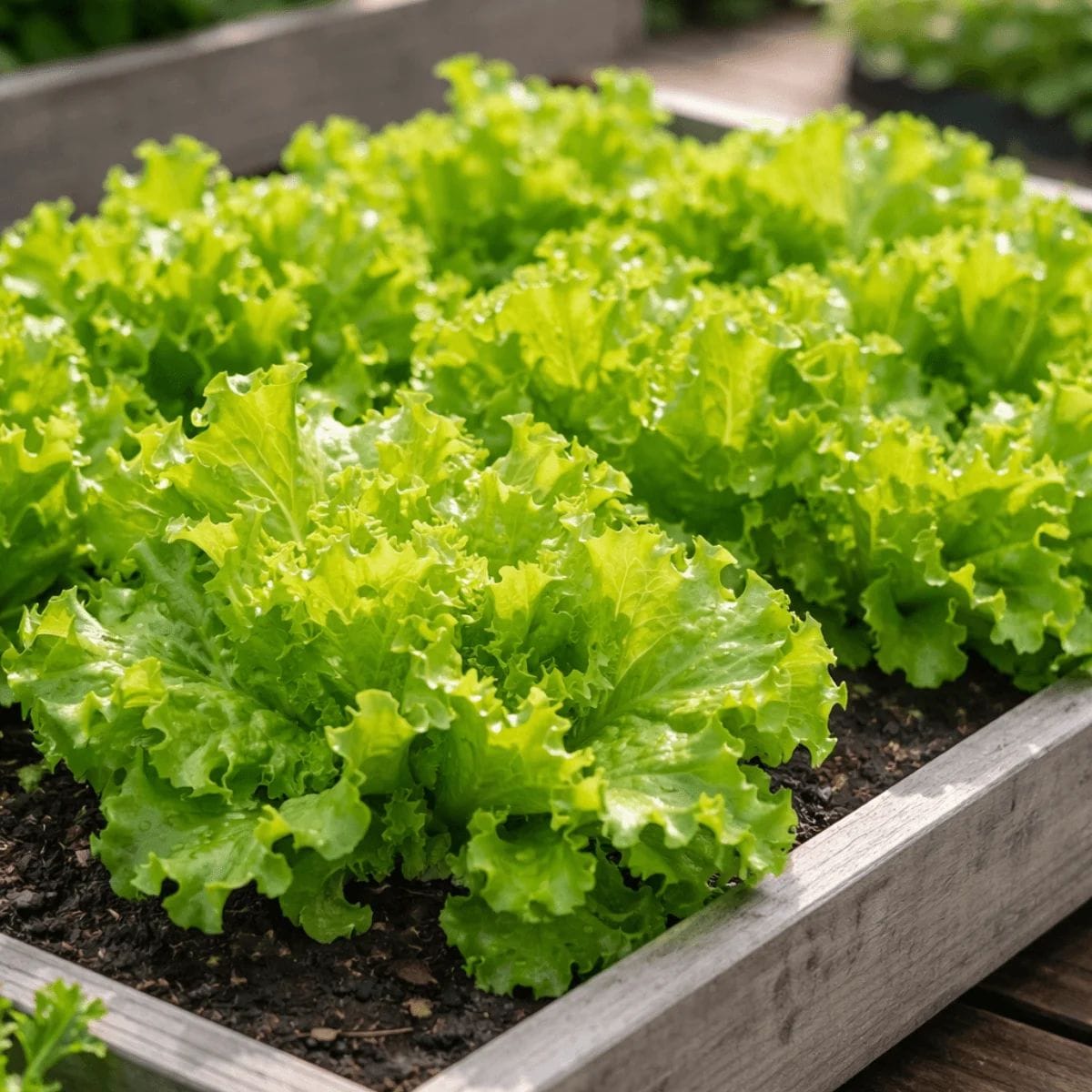 Fresh green lettuce growing in a shallow container garden