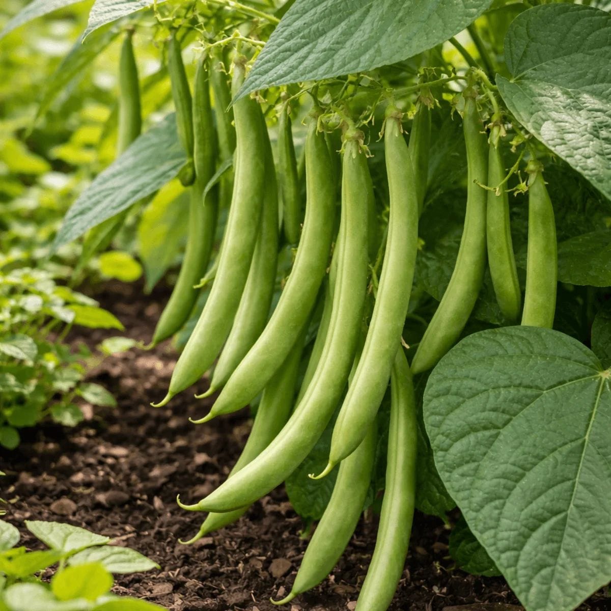 Green bean plant producing pods in a home garden