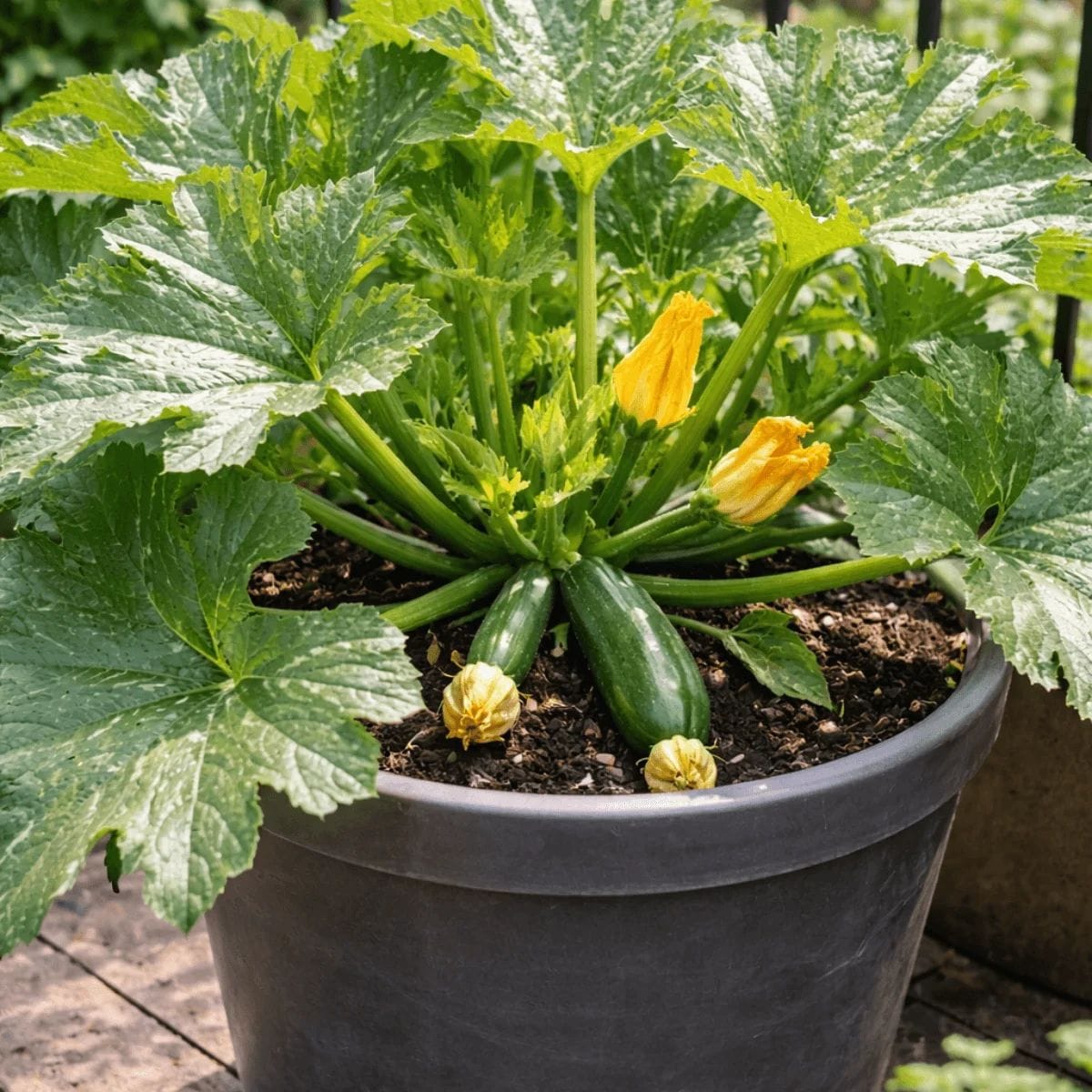 Zucchini plant growing in a large container with broad green leaves