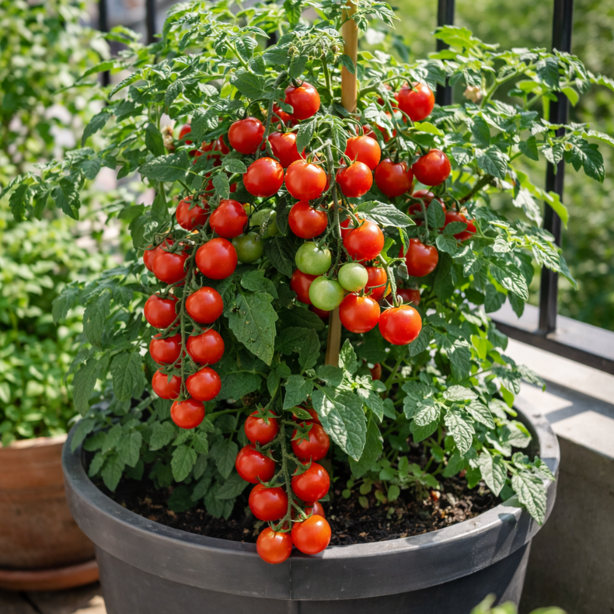 Cherry tomato plant growing in a container on a sunny balcony
