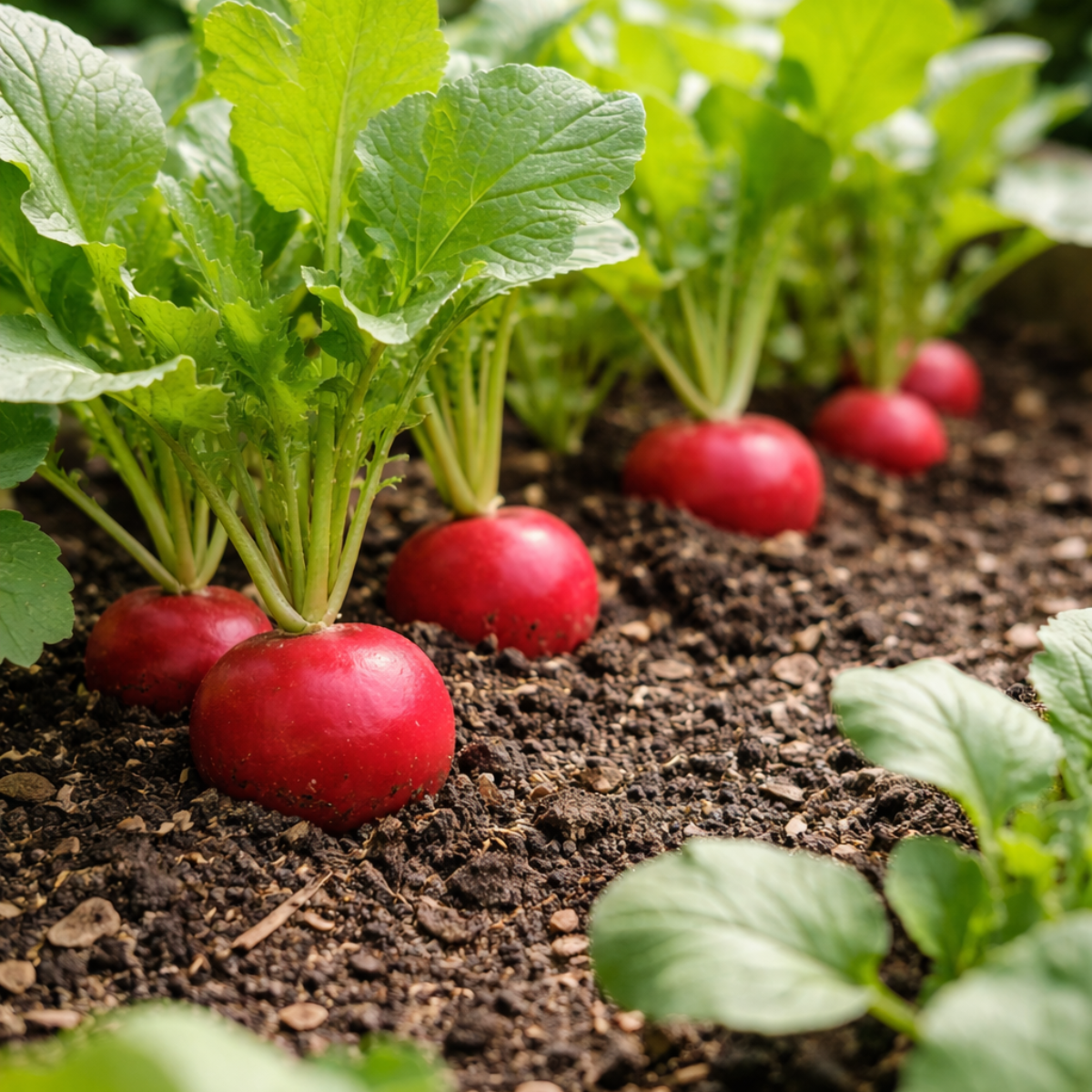 Radishes growing in loose soil in a small home garden