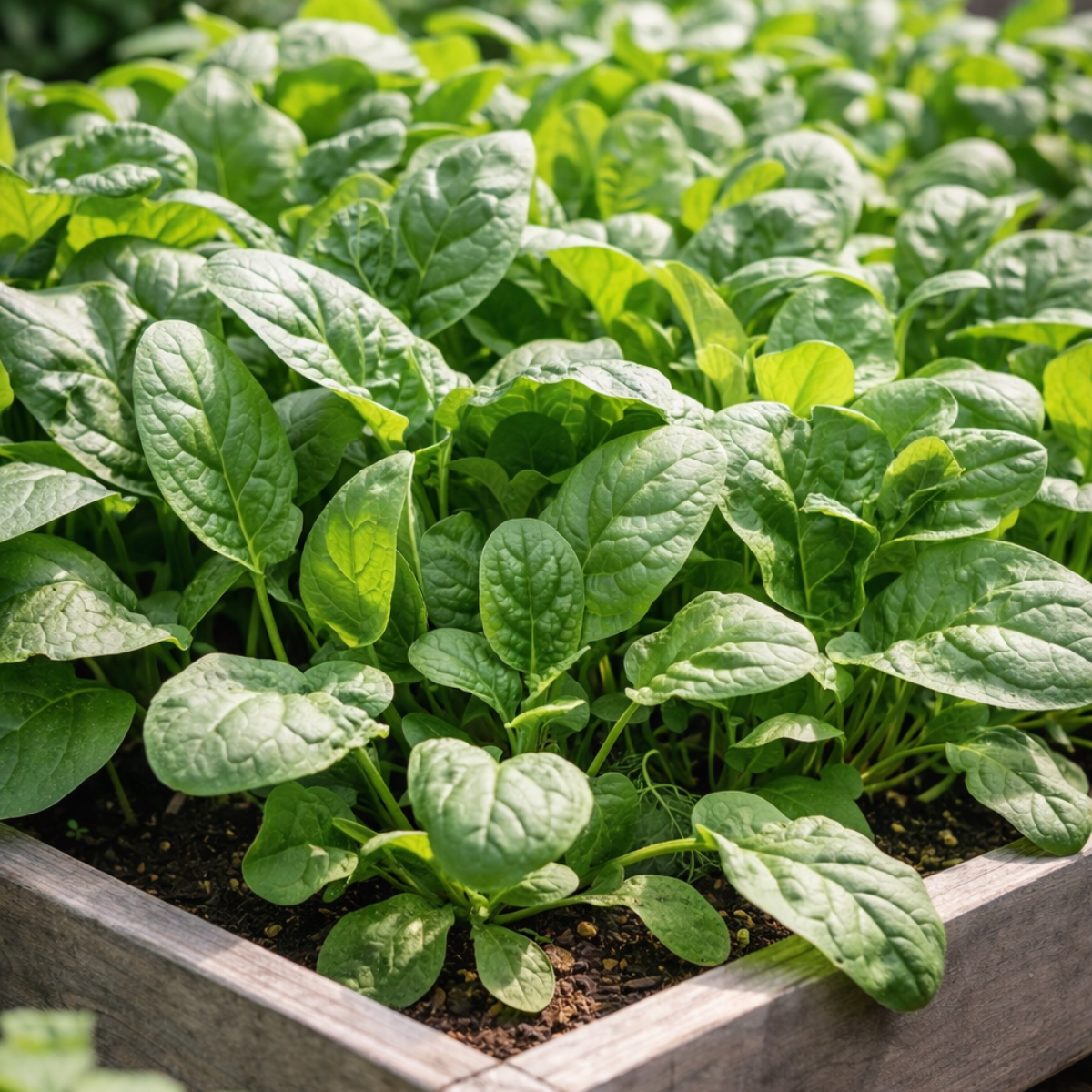 Spinach leaves growing in a container garden
