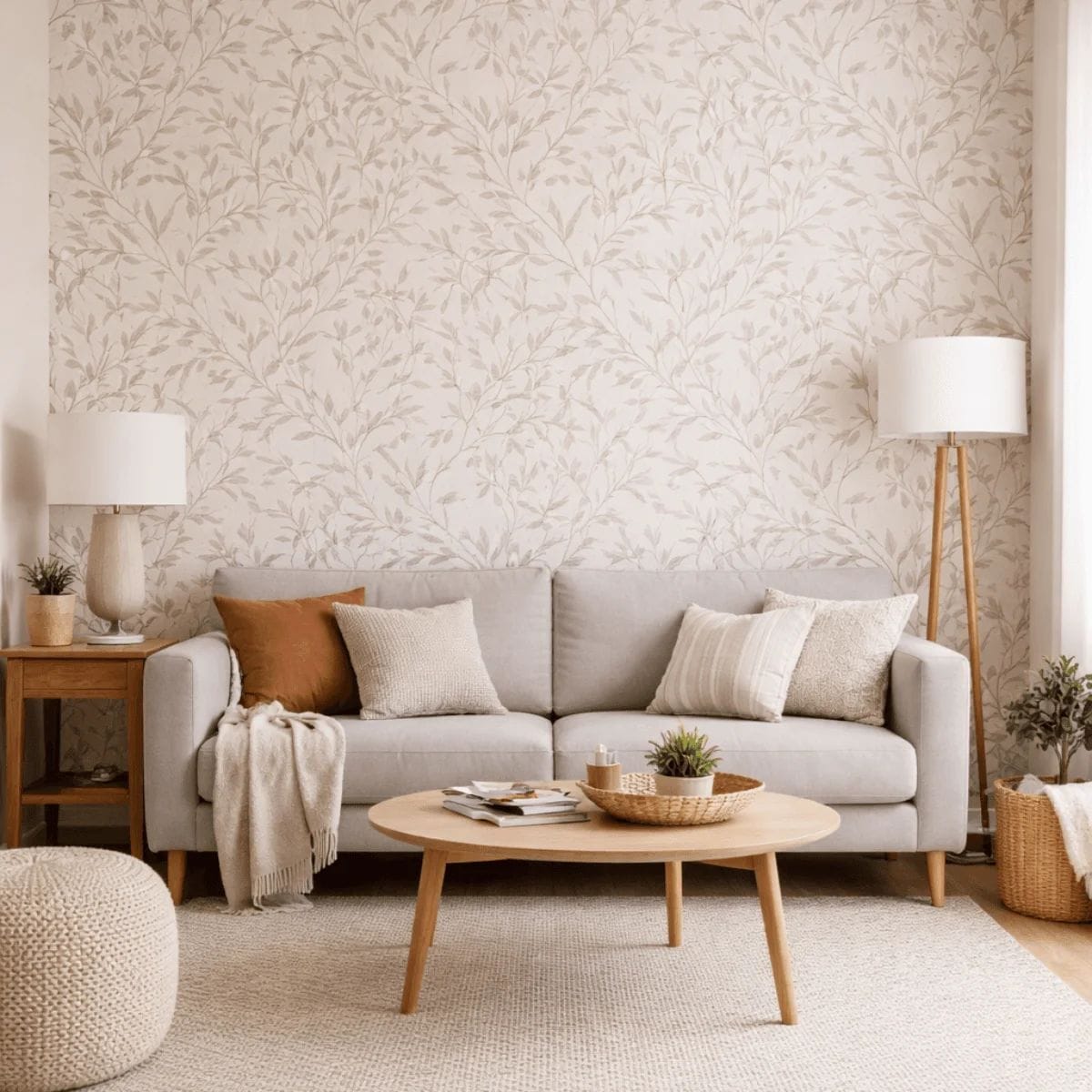 Peel and stick wallpaper accent wall behind sofa in a rental living room