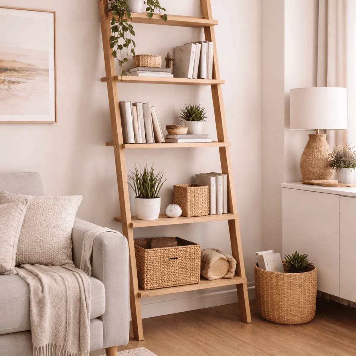 Leaning ladder shelf with books and plants in a rental apartment