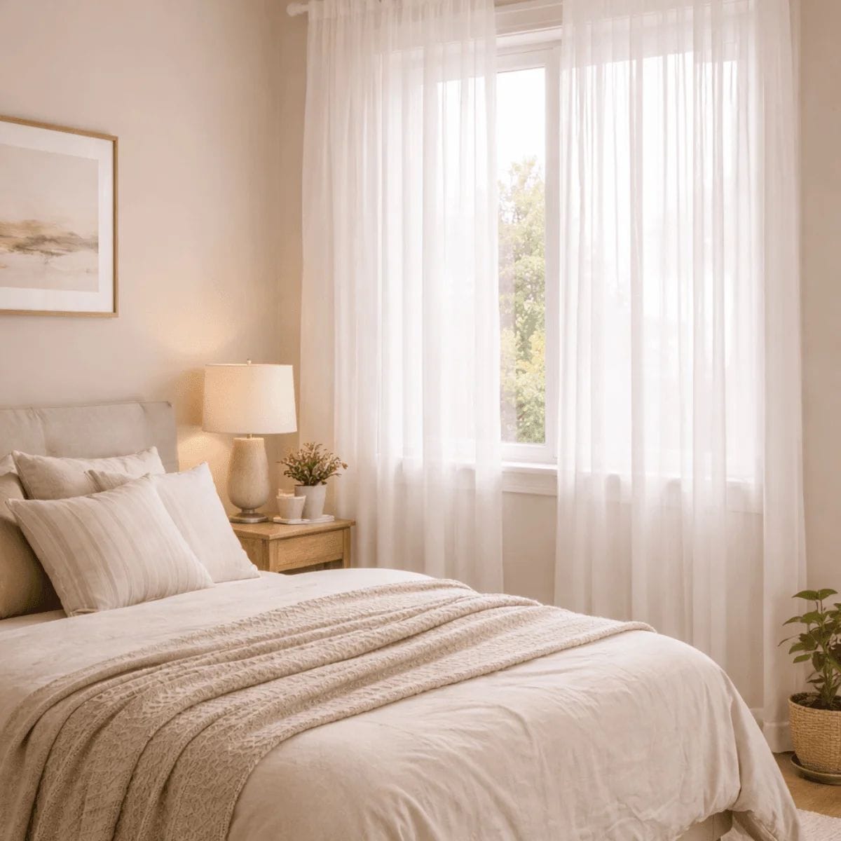 Sheer curtains hung with a tension rod in a rental bedroom