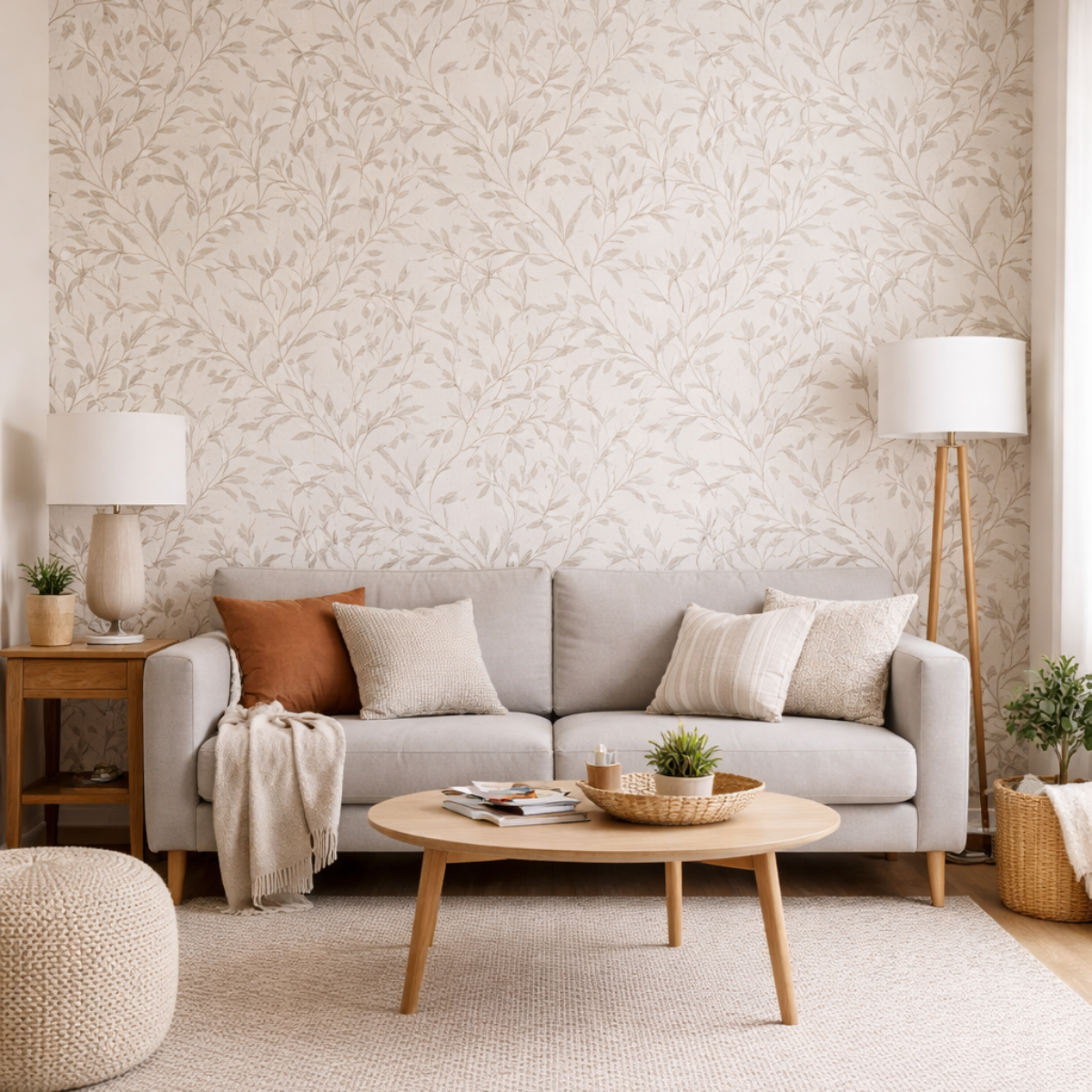 Peel and stick wallpaper accent wall behind sofa in a rental living room
