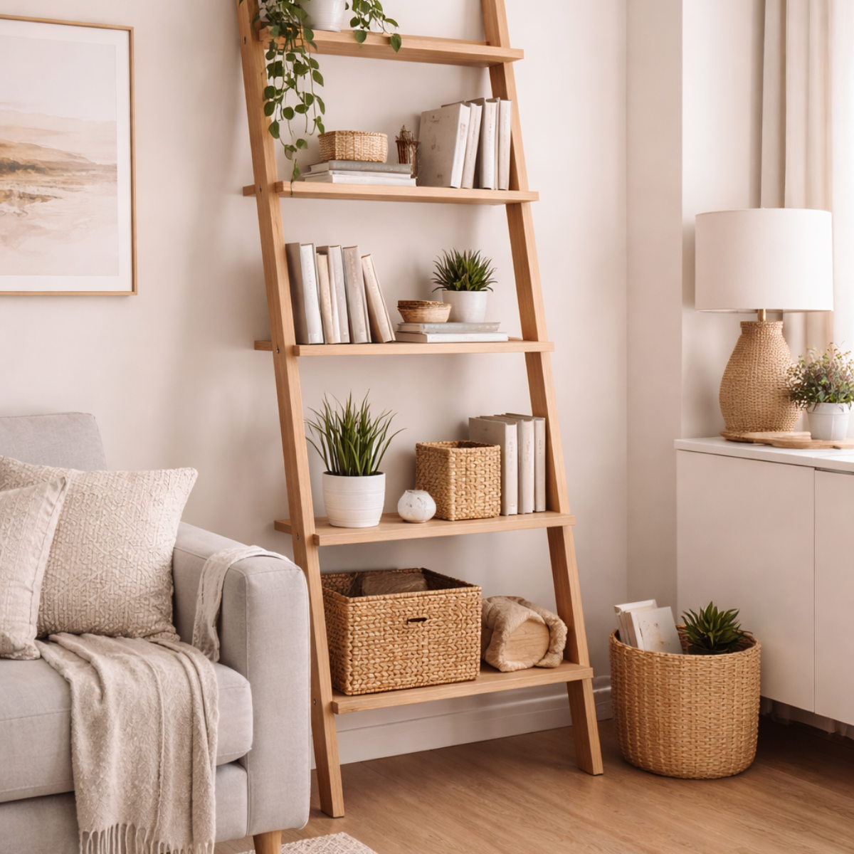 Rental-friendly diy ideas using a leaning ladder shelf with books and plants in a rental apartment