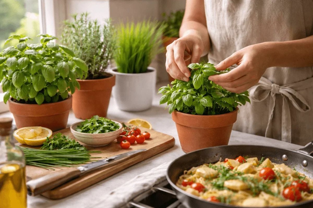 hand picking fresh herbs while cooking a simple meal at home