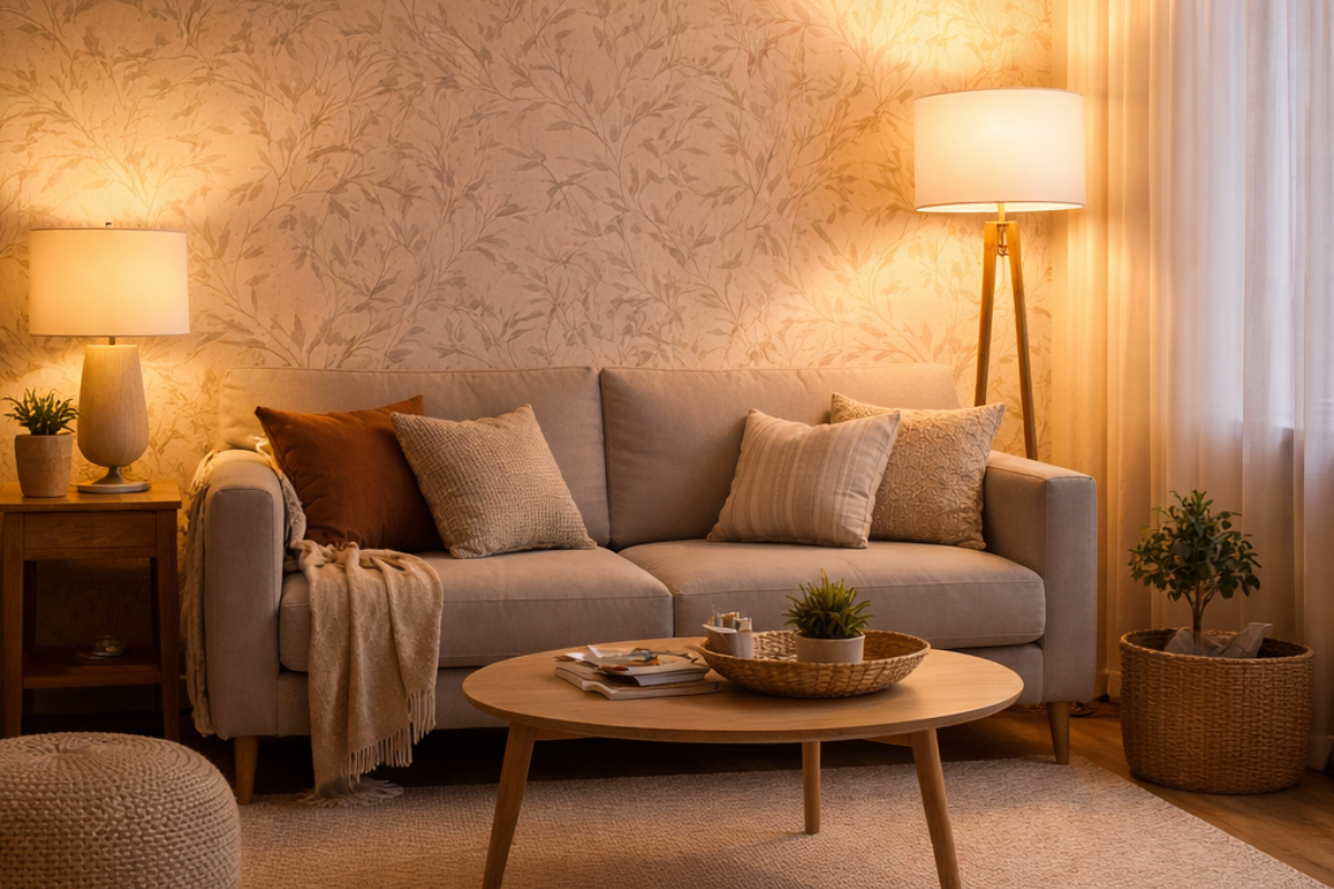 Warm floor lamp lighting creating a cozy mood in a rental living room