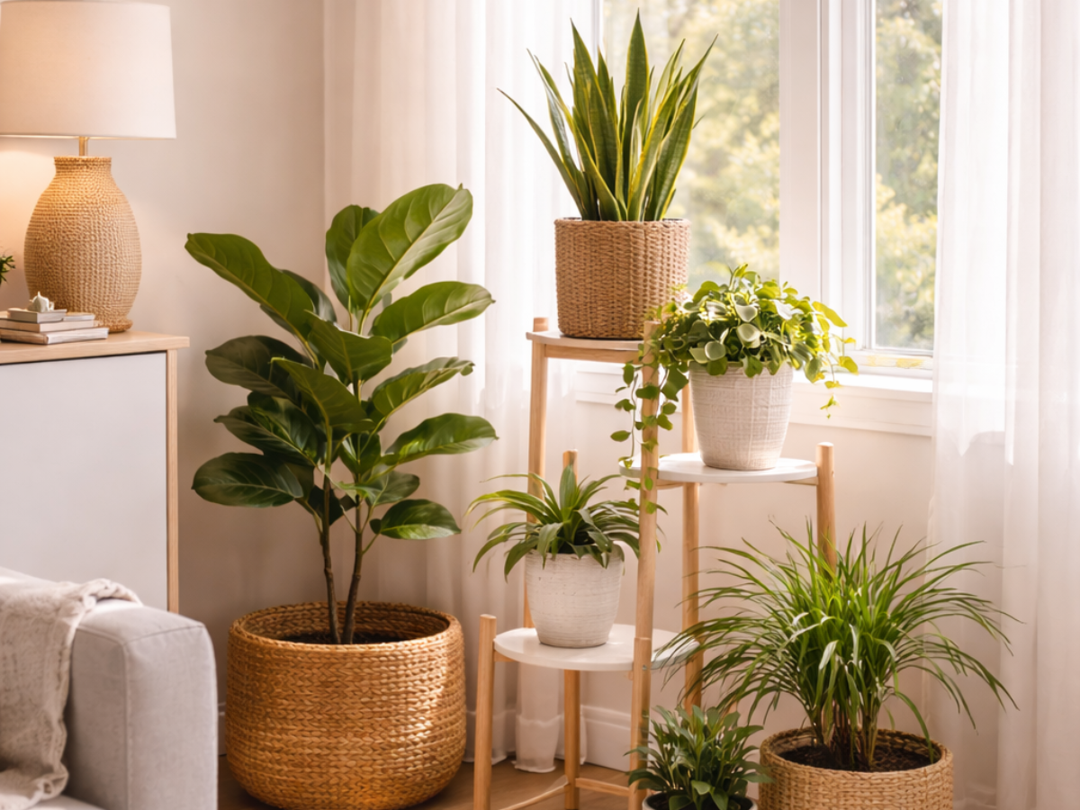 Indoor plants placed near a sunny window in a modern rental apartment