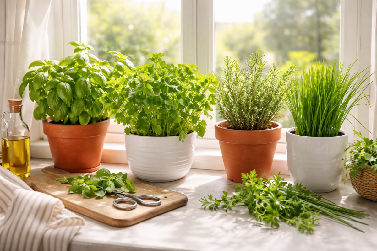 fresh herbs growing at home on a sunny kitchen window sill