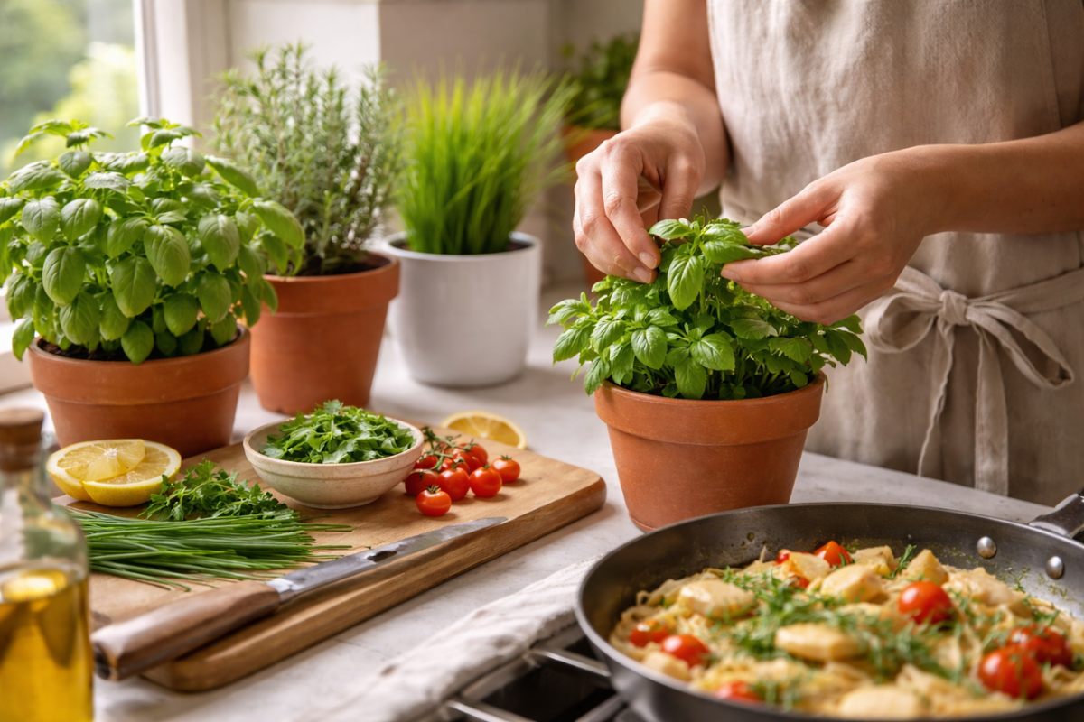 hand picking fresh herbs while cooking a simple meal at home
