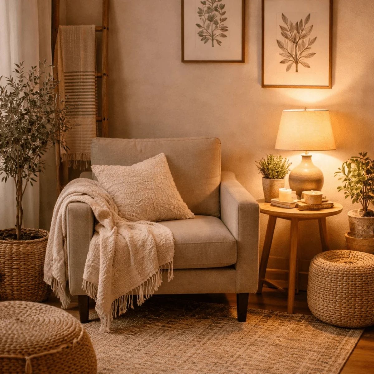 calm home corner with chair neutral colors and soft light