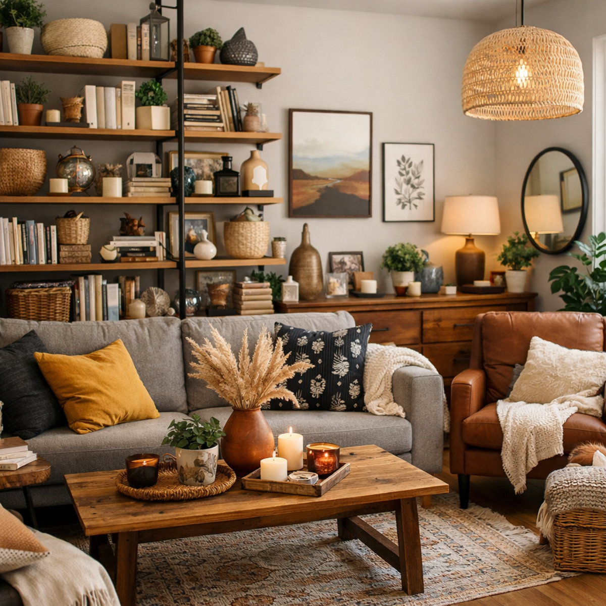 visually busy modern living room with open shelves and decor