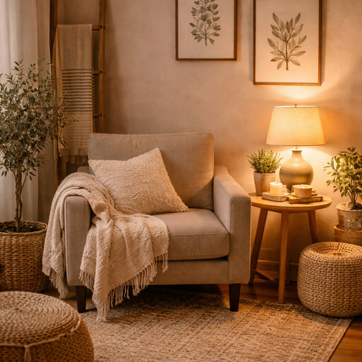 calm home corner with chair neutral colors and soft light