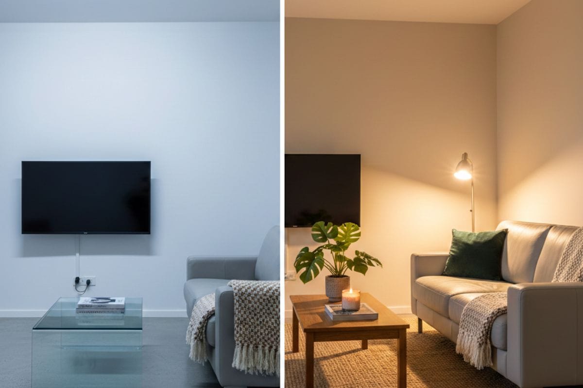 Real-life living room makeover showing how to fix a cold room on a tiny budget.