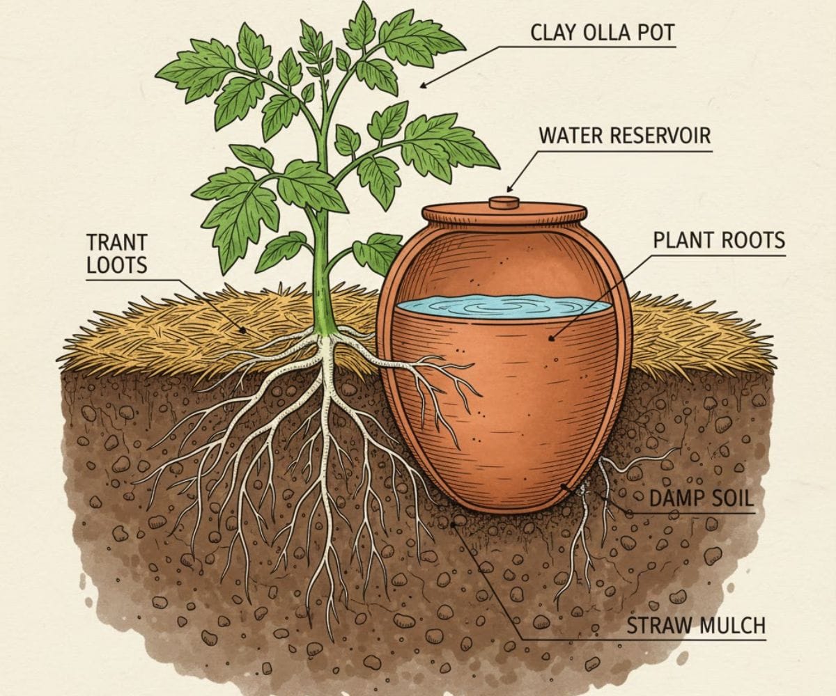 Cross-section of Olla irrigation system in a garden bed
