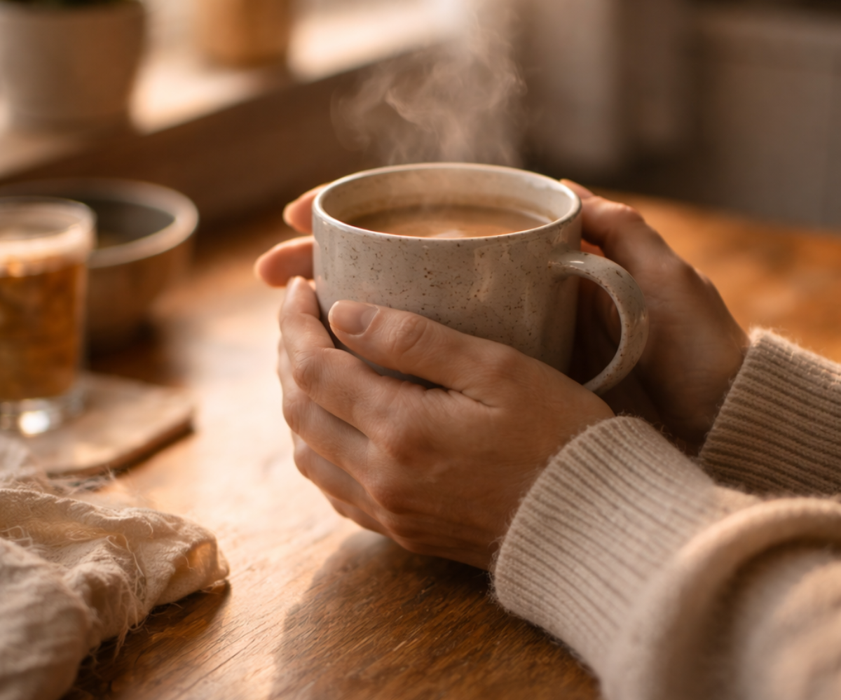 Hands holding a warm mug and feeling its temperature