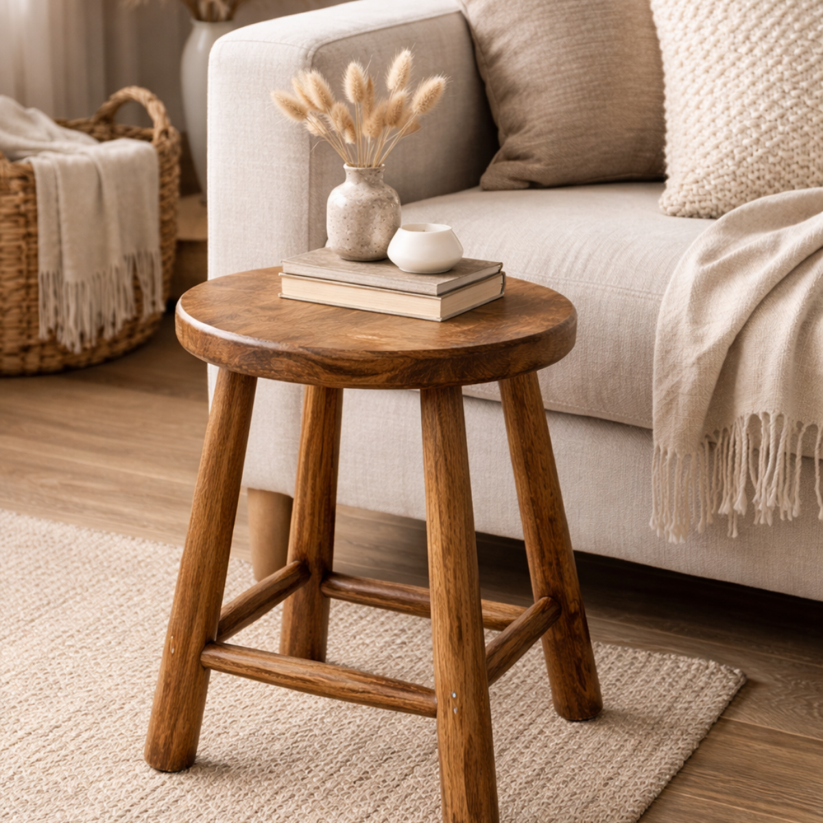 Upcycled wooden stool transformed into luxury style decor