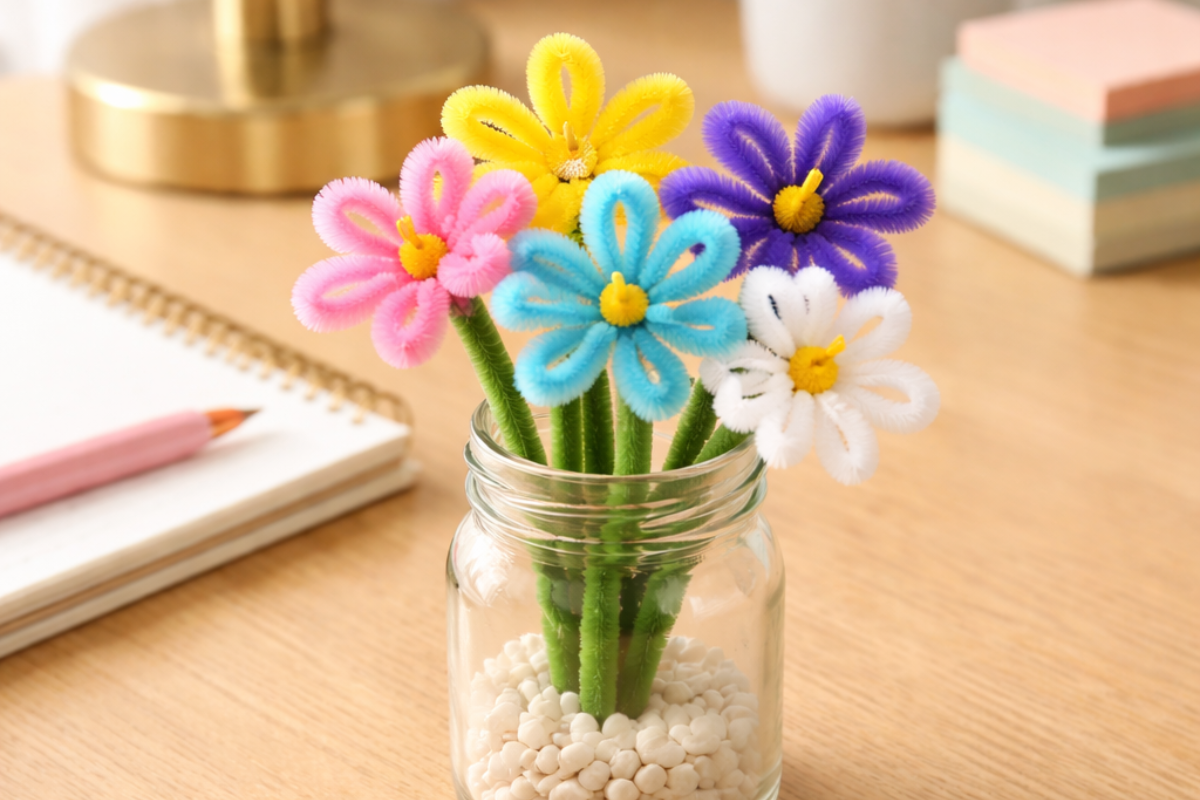 Colorful pipe cleaner flower bouquet used as simple desk decor