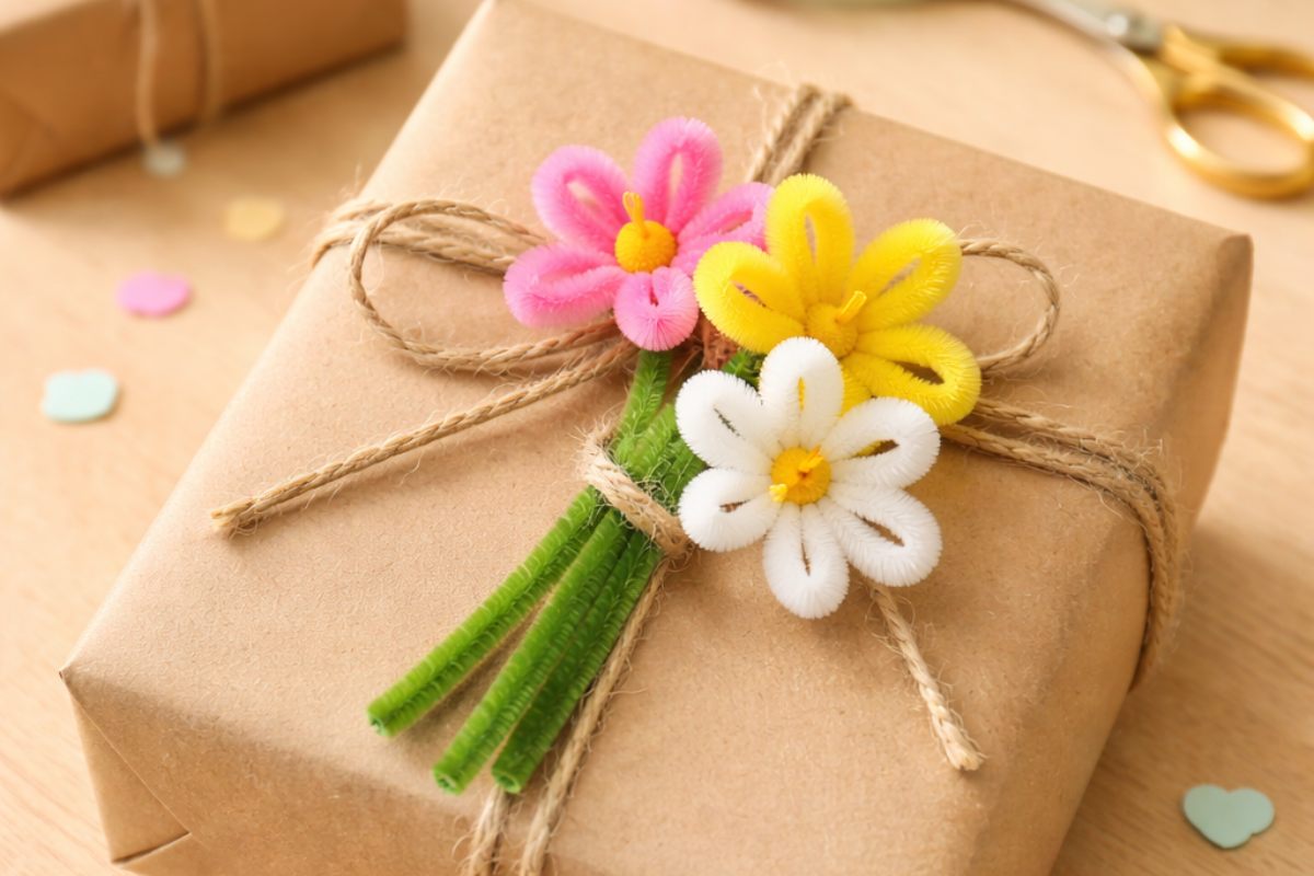 Pipe cleaner flower decoration used on a gift package
