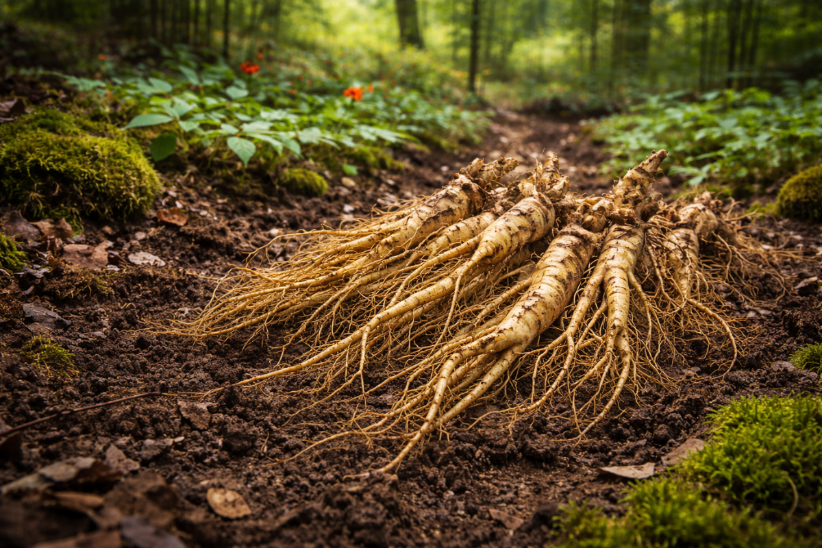 Medicinal ginseng roots grown in shaded forest conditions