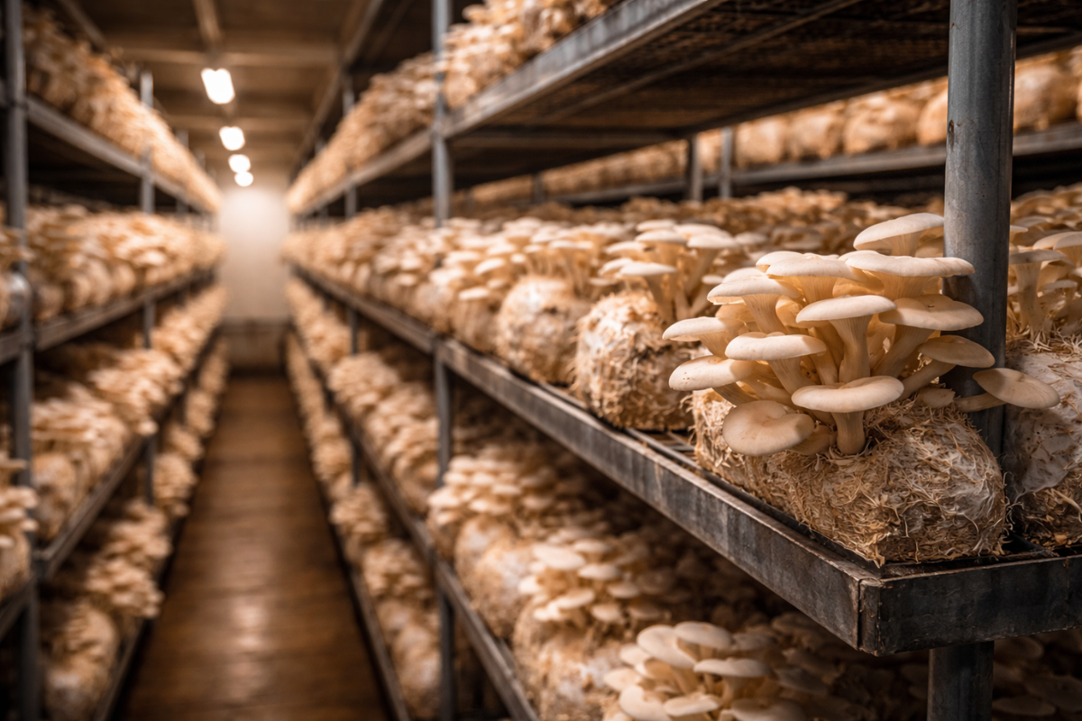 Indoor oyster mushroom cultivation on stacked growing shelves