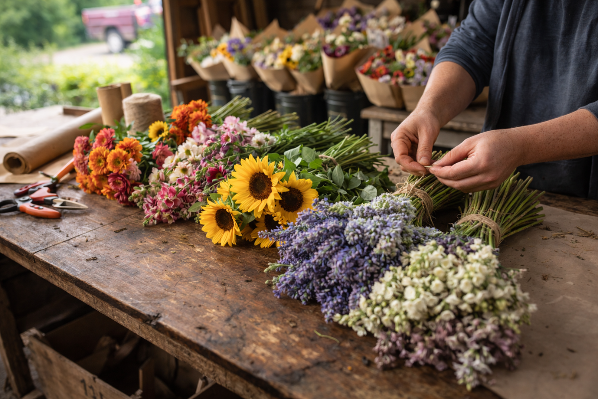 Fresh seasonal cut flowers being bundled in a farm packing shed