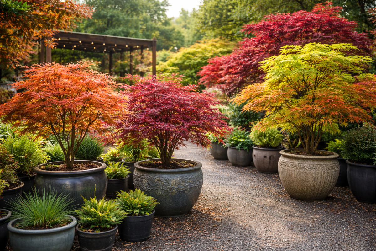 Ornamental Japanese maple trees ready for landscape sale