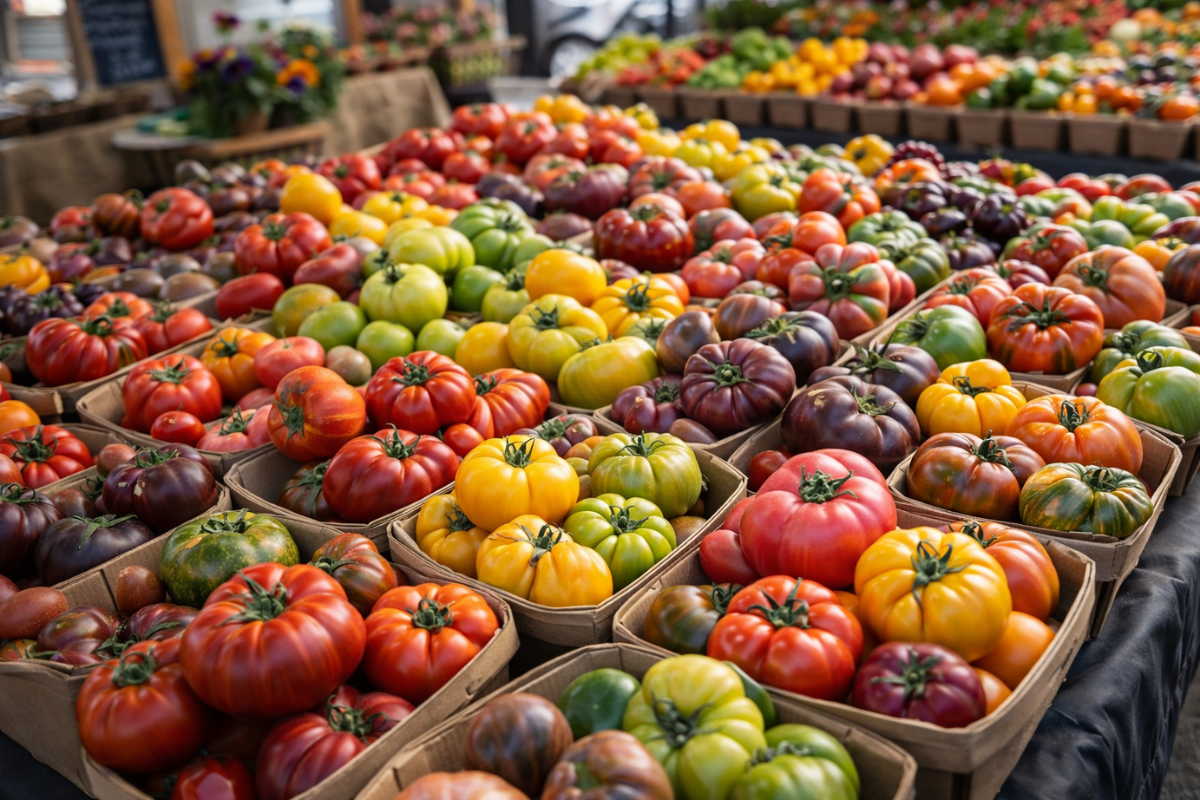 Multicolored heirloom tomatoes sold at local farmers market