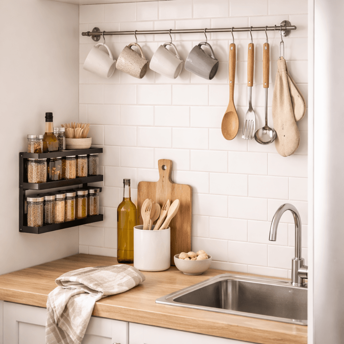 Small kitchen DIY hanging rail and magnetic spice rack storage