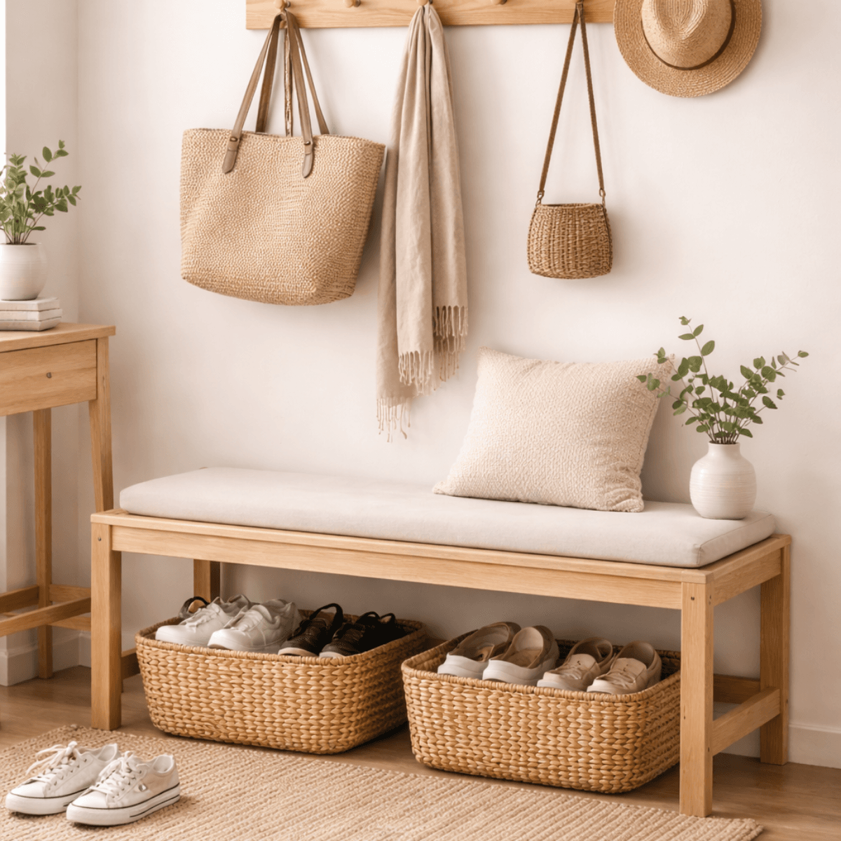 Budget entryway wall hook and bench storage organization