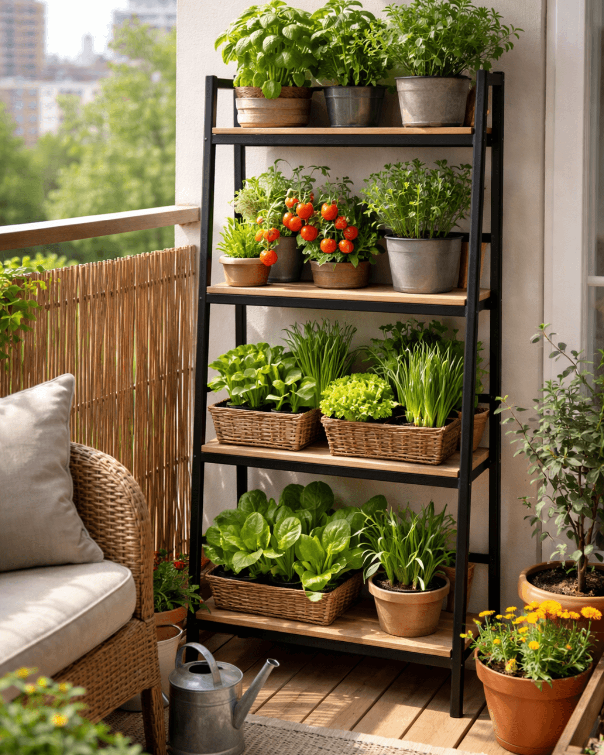 Vertical gardening stand in small apartment balcony