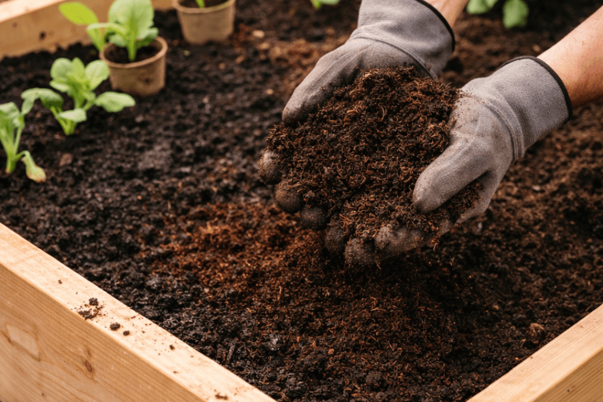 Adding compost to raised bed soil mix