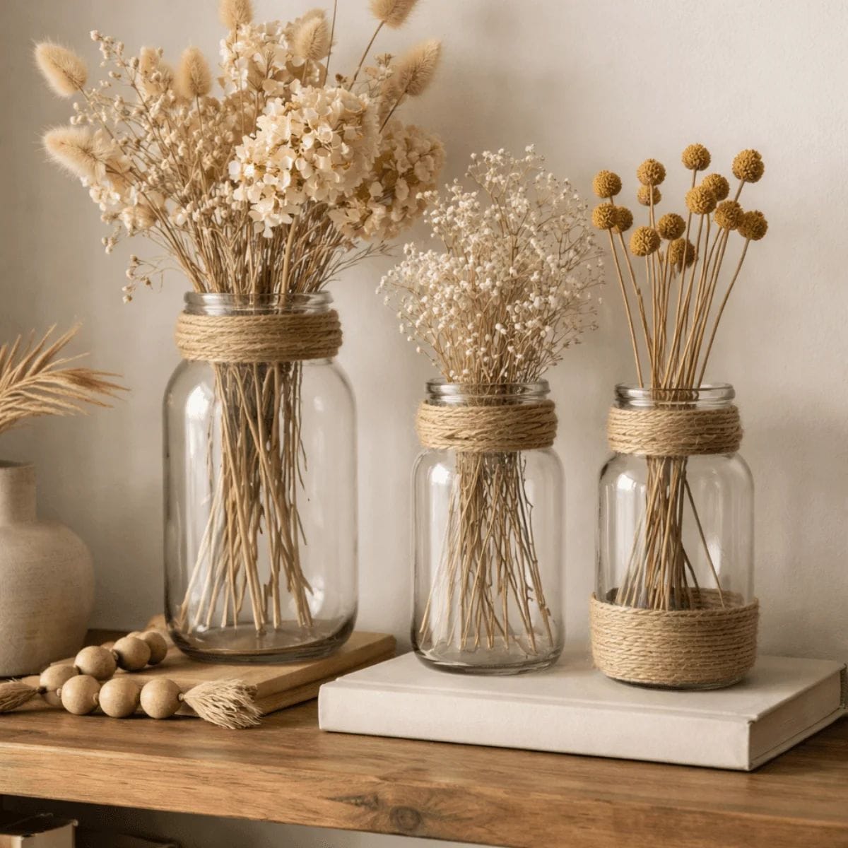 Upcycled glass jars used as elegant home decor vases
