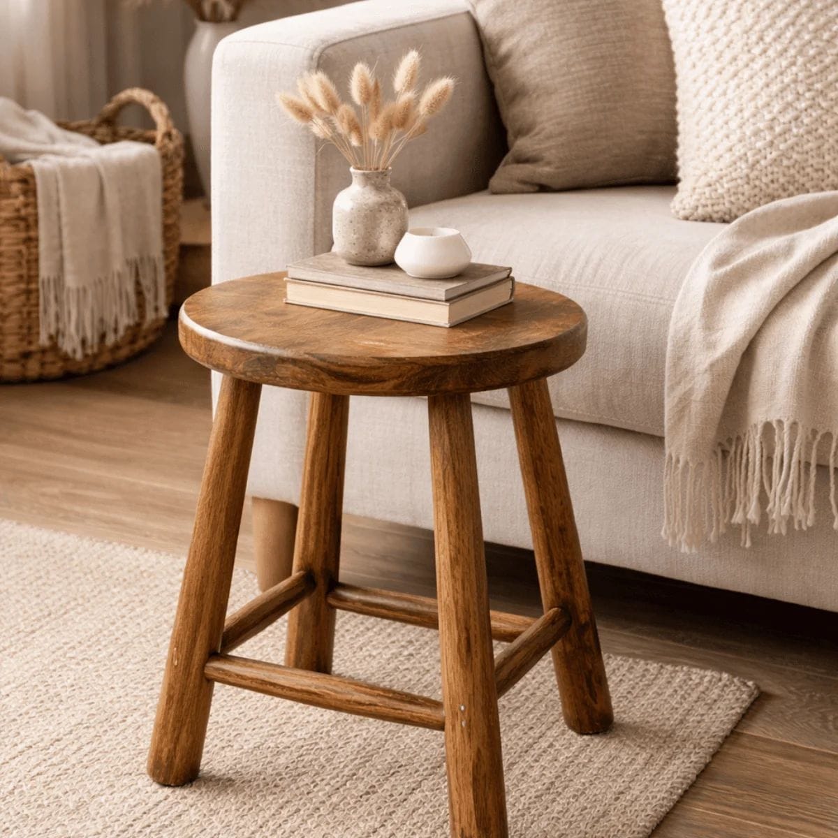 Upcycled wooden stool transformed into luxury style decor
