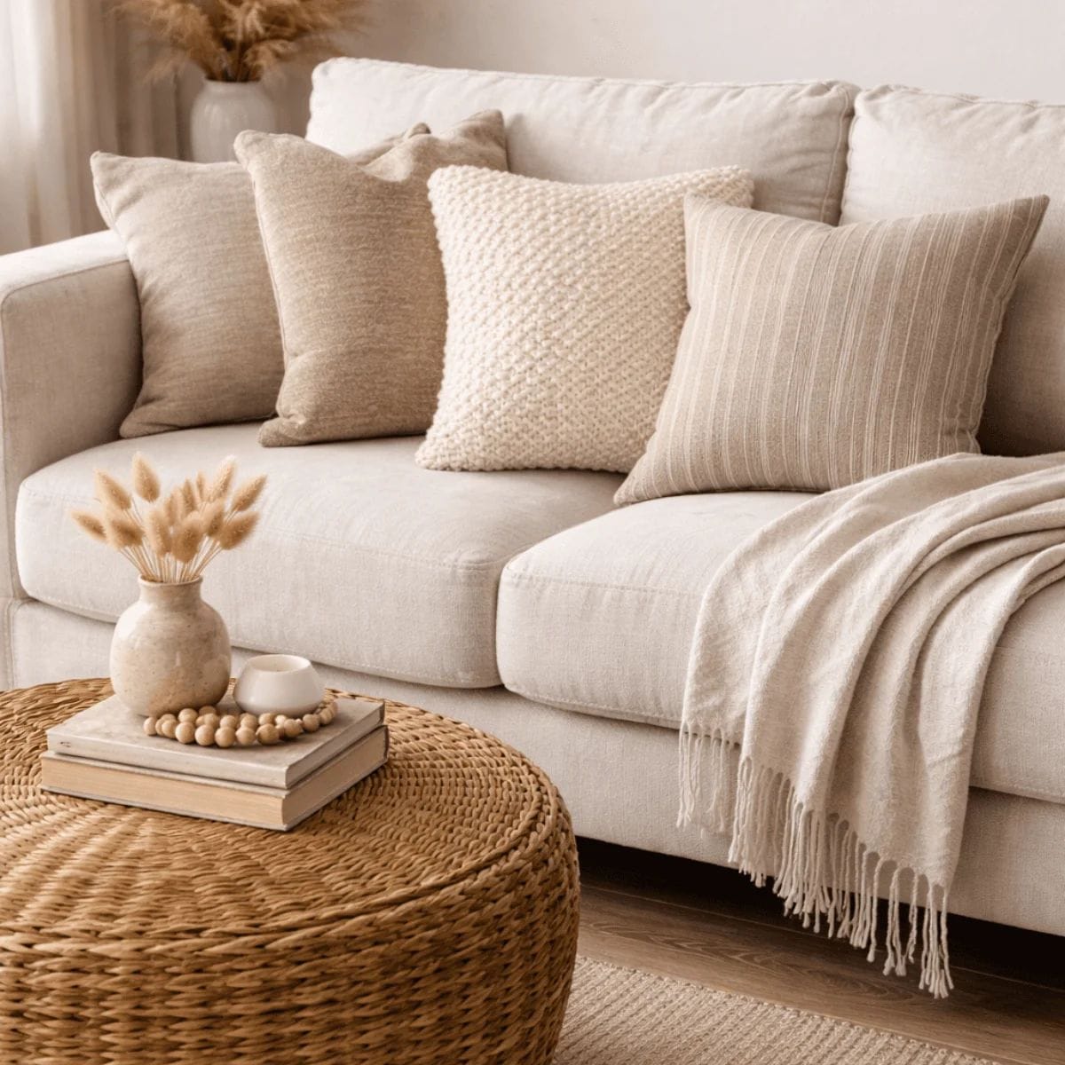 Upcycled fabric cushion covers creating cozy luxury interior styling