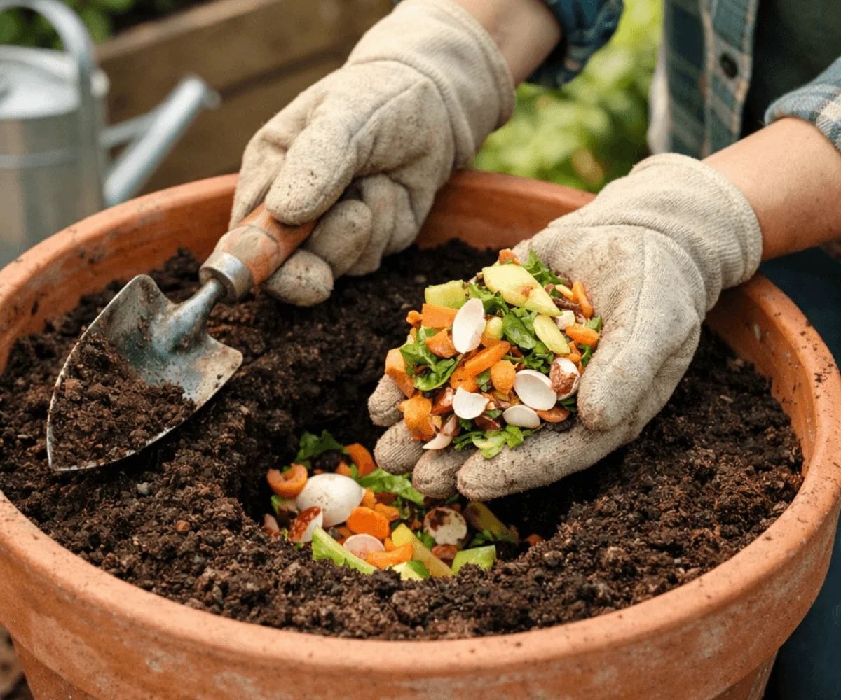 burying kitchen scraps in soil for natural fertilizer