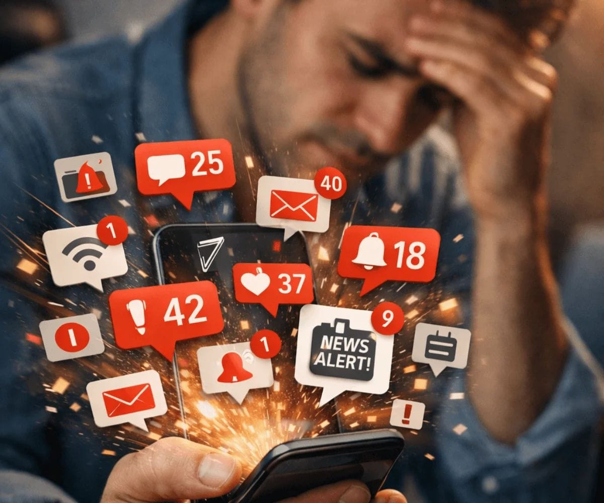 Smartphone overloaded with notifications affecting mental focus